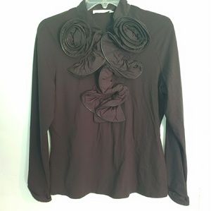 Anne Fontaine Zip Ruffle Motif Black Blouse 12 44